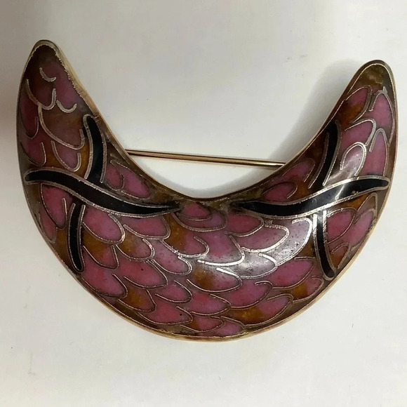 VINTAGE Half Moon Cloisonné Statement Brooch - Picture 3 of 10